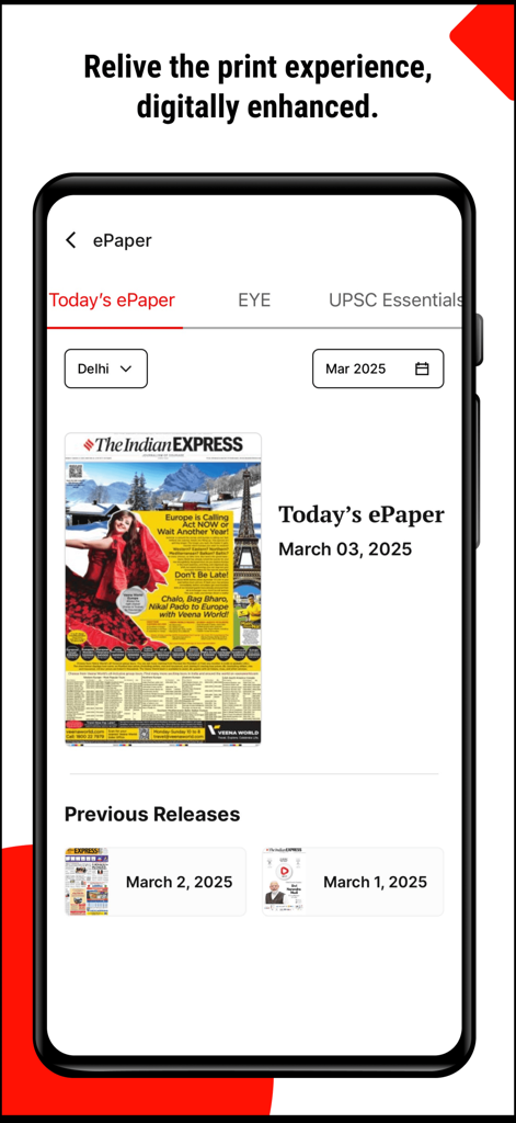 Indian Express News + Epaper - Indian Express ePaper screen showing digital editions of the newspaper