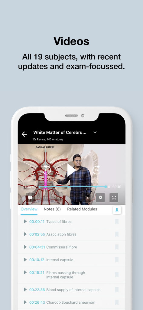 MARROW - for NEET PG & NEXT - Interface of the Marrow app showing a medical anatomy video lecture with lecture notes and a progress bar.