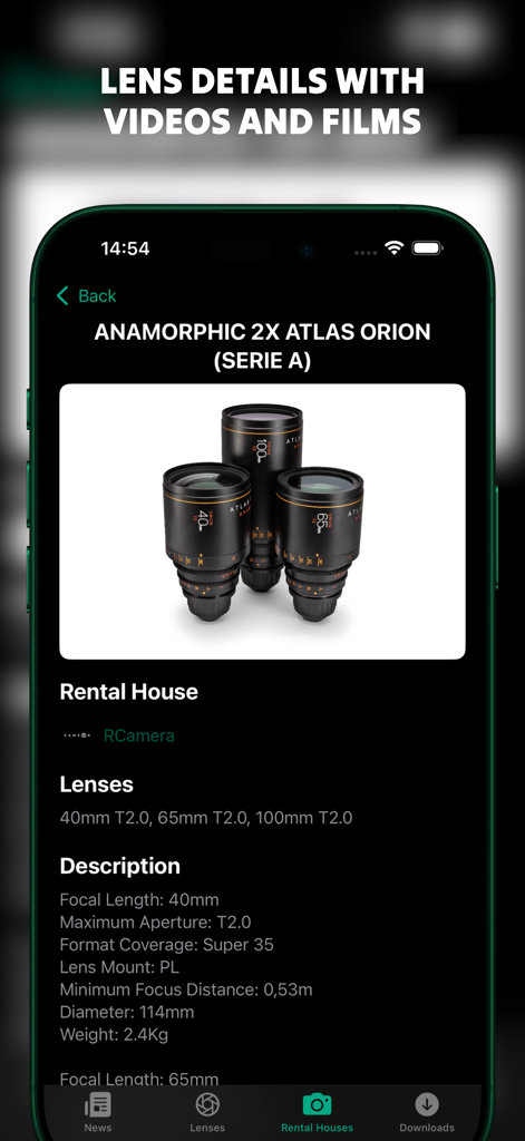 Detailed technical specifications and rental info for Atlas Orion Anamorphic lenses in the Lens Rental mobile app.