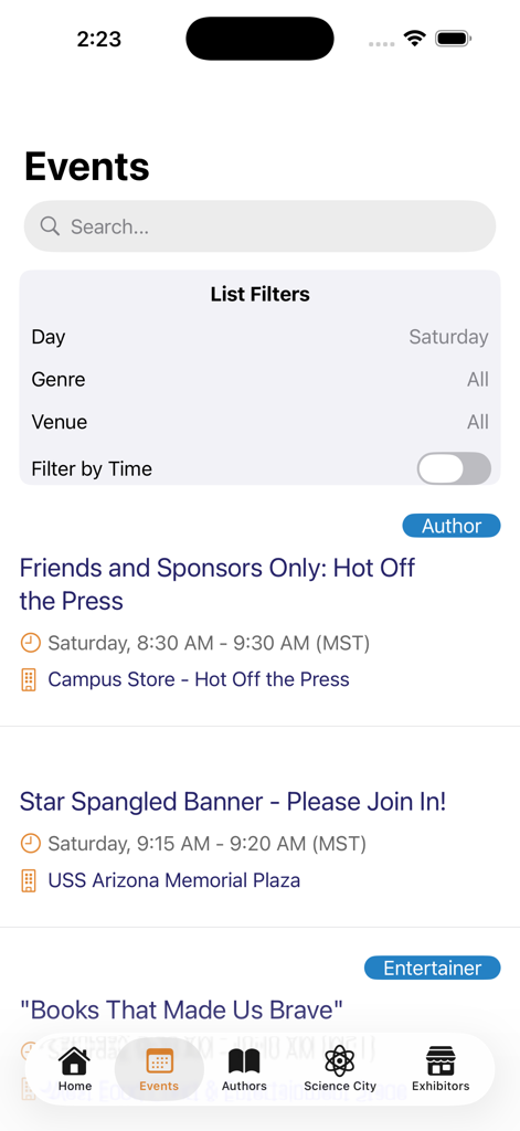 Tucson Festival of Books - Mobile app interface showing the Tucson Festival of Books event schedule with search and filter options.