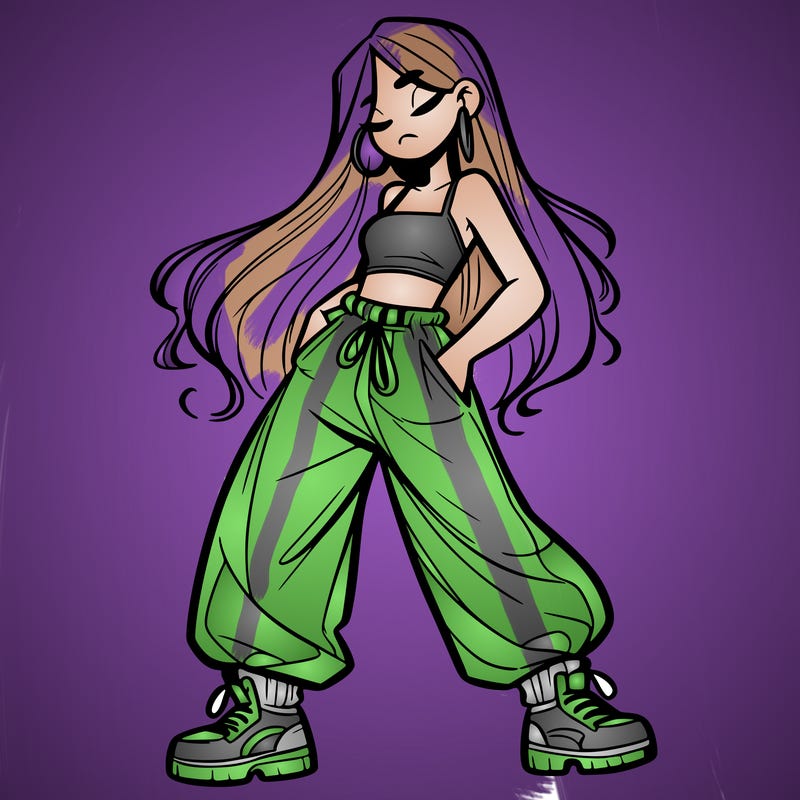 girl in baggy pants crop top and long hair