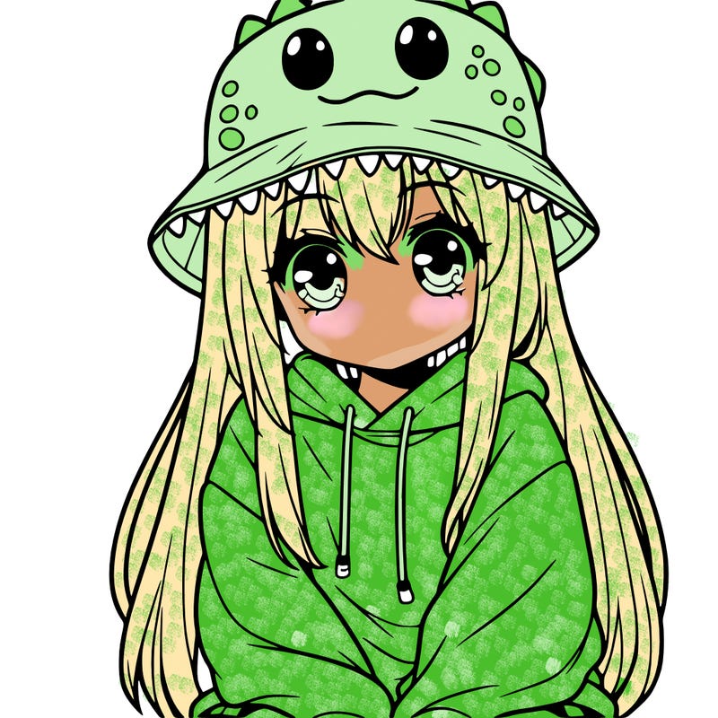 girl with anime shaped eyes with a dinosaur bucket hat oversized sweatshirt long straight hair