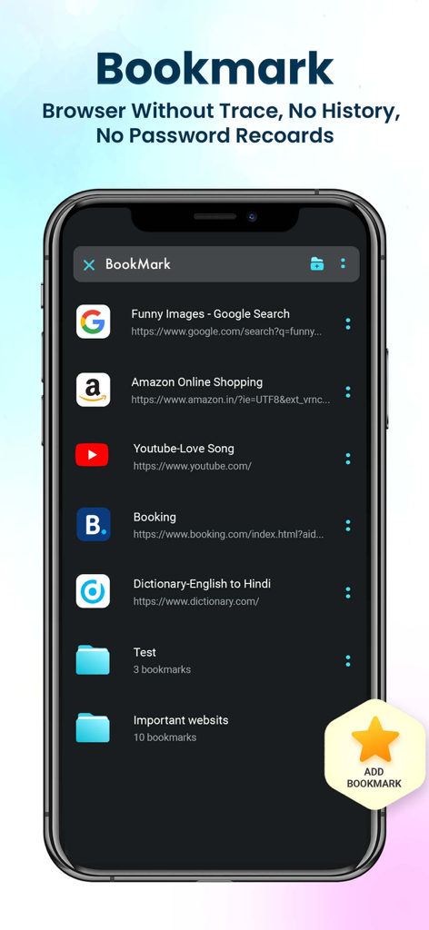 Browser Pro Fast & Secure - Interfaz de gestión de marcadores en Browser Pro Fast y Secure mostrando sitios web guardados y carpetas.