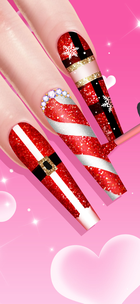 Nail Salon - Girl Art Game - 반짝이와 산타 디자인이 있는 축제 분위기의 빨간색과 흰색 크리스마스 테마 네일 아트