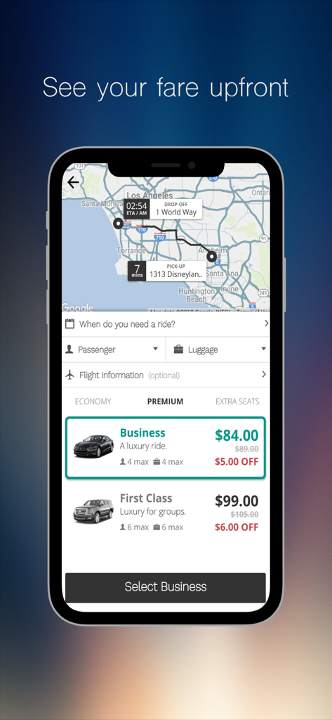 Opoli - A screenshot of the Opoli app interface displaying upfront fare options for business and first-class car services in Los Angeles.