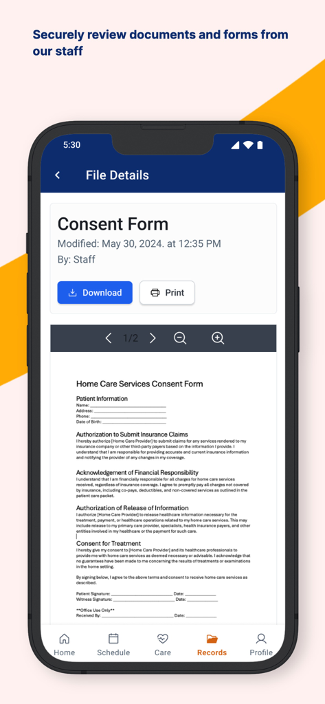 AlayaCare Family Portal - A mobile screen from the AlayaCare Family Portal showing a digital home care services consent form under the records tab