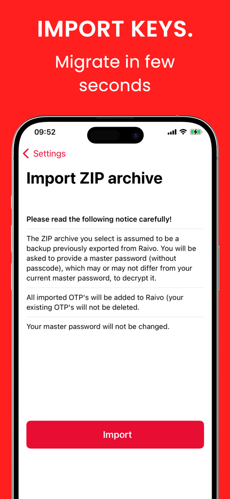 Raivo - 2FA Authenticator app - Import ZIP archive screen in the Raivo 2FA Authenticator app
