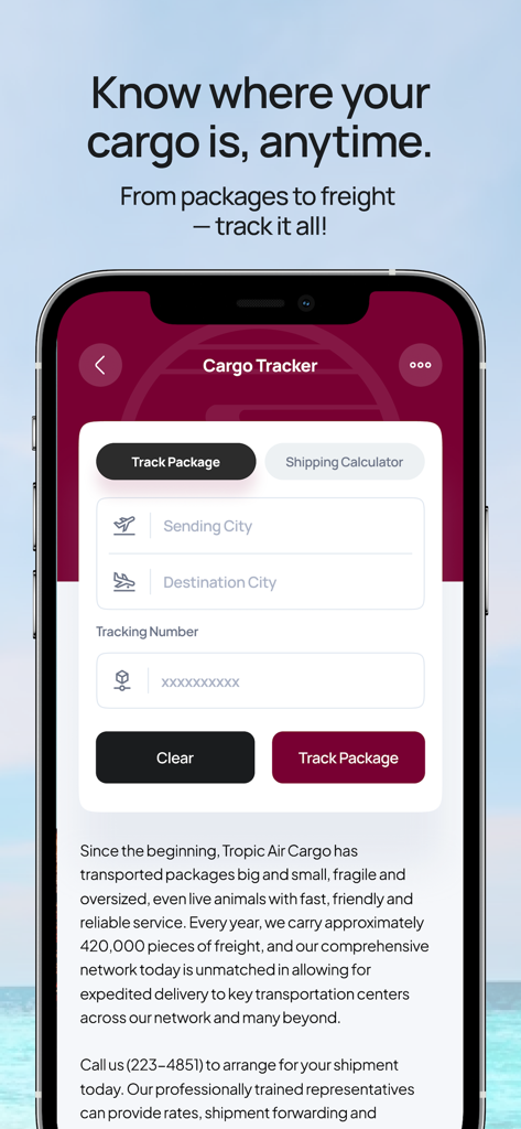 Ecrã do rastreador de carga da app móvel Tropic Air mostrando funcionalidades de rastreamento de pacotes e frete