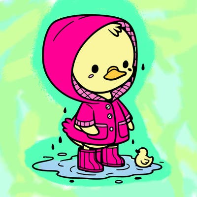 baby duck in a rain coat and boots, in a puddle while it’s raining