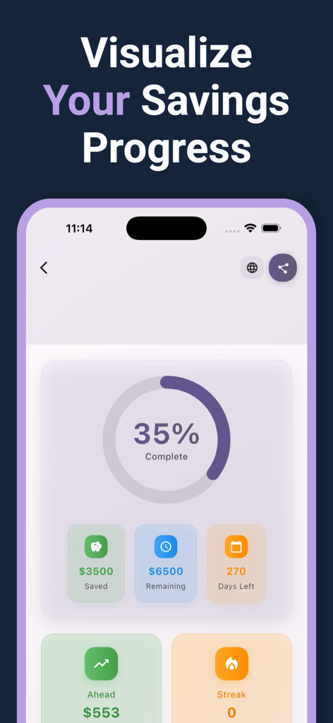 Savings Tracker & Goals - Panel de la aplicación Savings Tracker que muestra un anillo de progreso al treinta y cinco por ciento con cantidades ahorradas y restantes