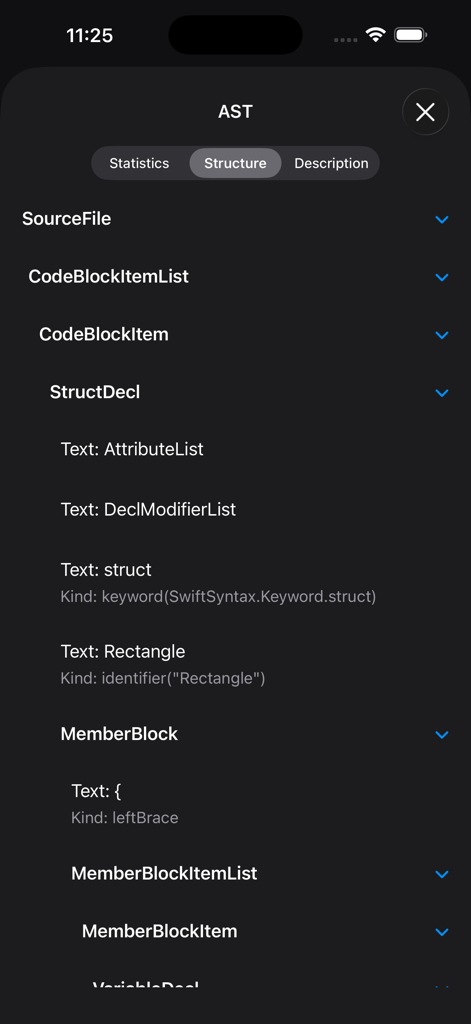 Swifty Compiler: Swift IDE - Abstract Syntax Tree structure view in the Swifty Compiler iOS app showing code hierarchy