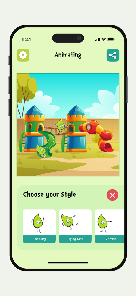 Ai Animation: Animate Drawings - Interfaz que muestra un patio de juegos de dibujos animados y opciones para animar personajes de dibujos con estilos como animar o patada voladora.
