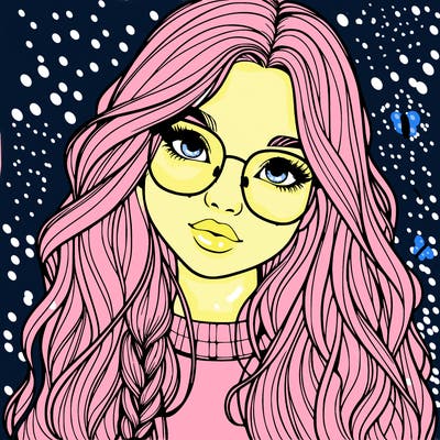 girl with long hair and freckles and glasses realistic
