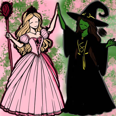 detailed realistic split of a princess and a witch