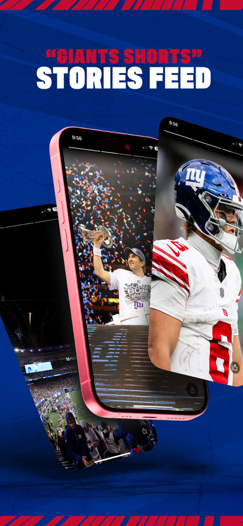 New York Giants mobile app displaying the Giants Shorts vertical stories feed with player highlights and celebratory team moments