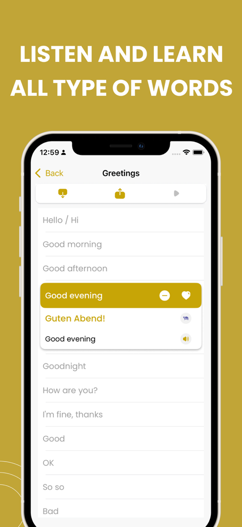 Learn German - Phrasebook - Learn German Phrasebook app interface showing the greetings section with phrases and audio options