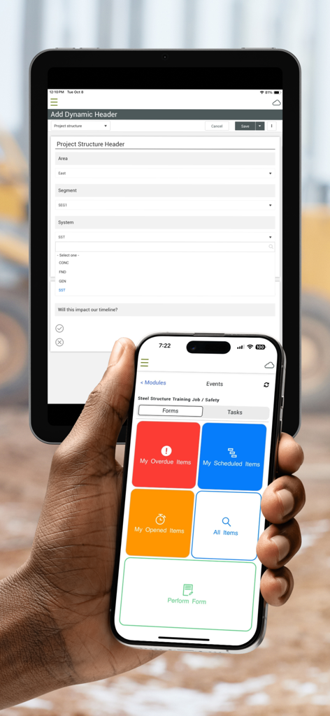 InEight mobile app displayed on a smartphone and tablet for construction safety and project reporting.