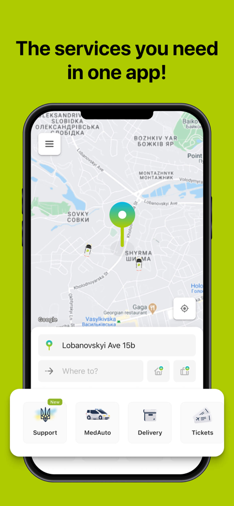 Opti (Такси 579) - Opti taxi app interface showing a map with location pin and service icons for support, delivery, and tickets.