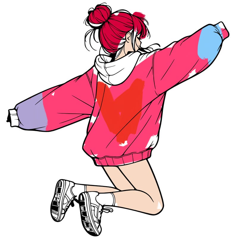 realistic girl jumping with a bun and oversized sweatshirt