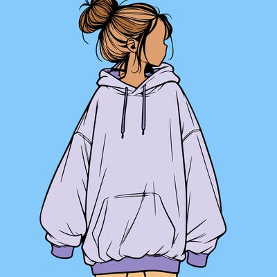 realistic girl with a oversized sweatshirt on and a bun