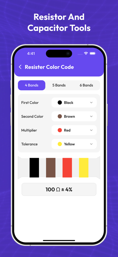 Amateur Radio Toolkit 2025 - A screenshot of the resistor color code calculator showing a 4-band resistor value calculation in the Amateur Radio Toolkit 2025 app