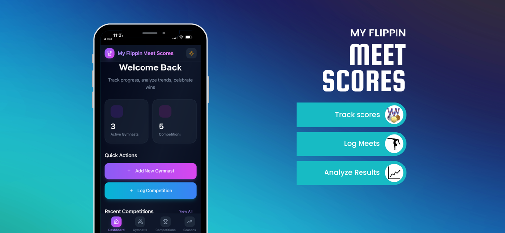 My Flippin Meet Scores - An iPhone displaying the dashboard of My Flippin Meet Scores gymnastics app with options to log meets and track results.