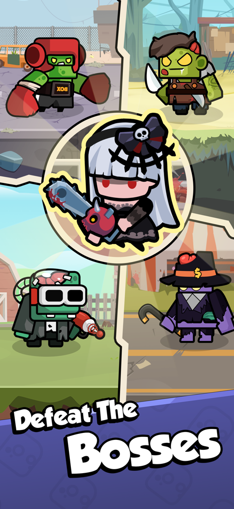 Popcorn Legend - A chainsaw-wielding hero surrounded by various stylized zombie boss characters in Popcorn Legend.