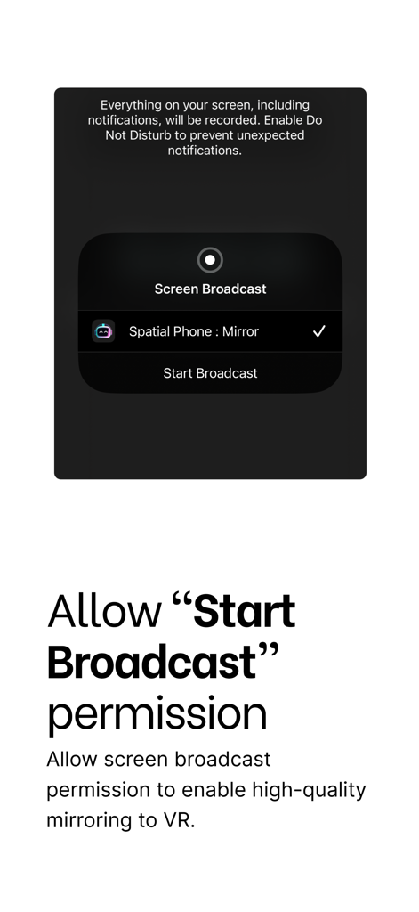Spatial Phone : Mirror - iOS Screen Broadcast permission dialog for Spatial Phone Mirror app