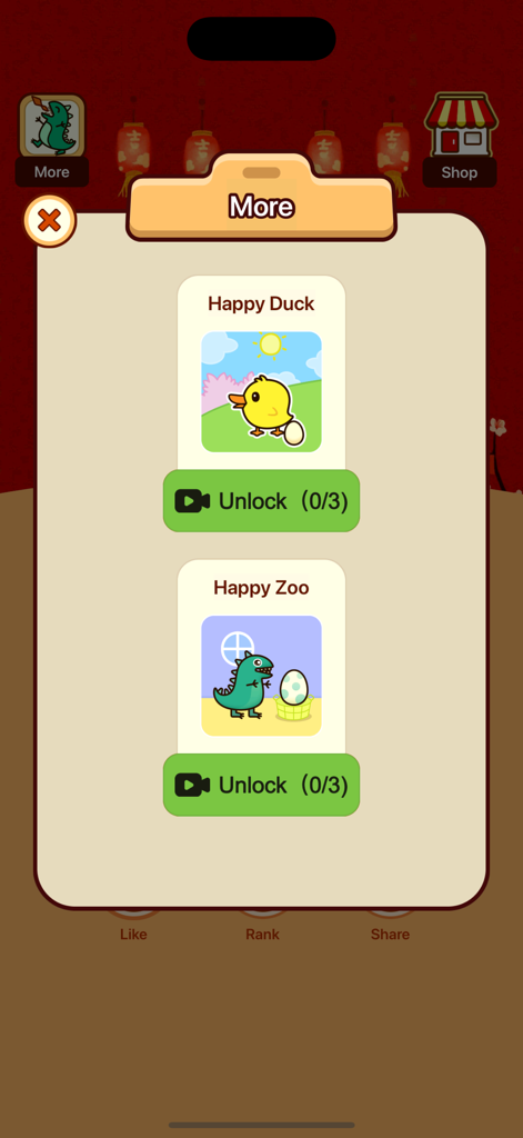 Happy Chicken: New Friends - In-game menu titled More showing unlockable Happy Duck and Happy Zoo characters