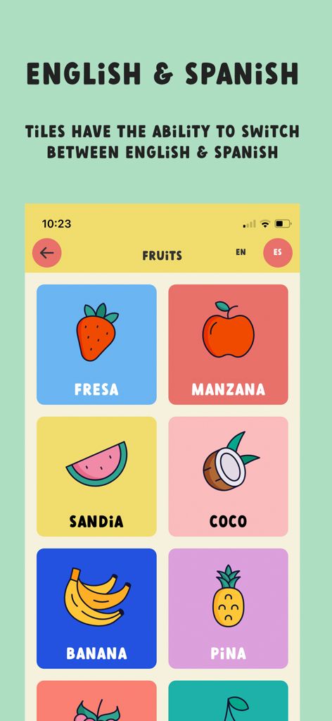 games for kids: Farm Sounds - Bilingual educational app screen for kids displaying fruit names in Spanish with colorful tiles