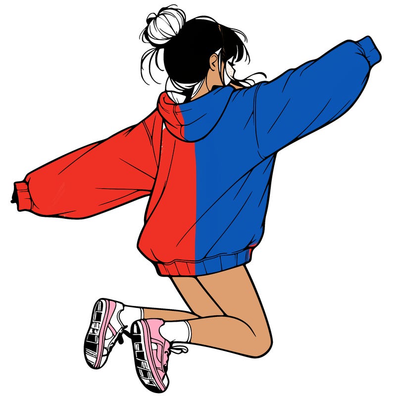 realistic girl jumping with a bun and oversized sweatshirt