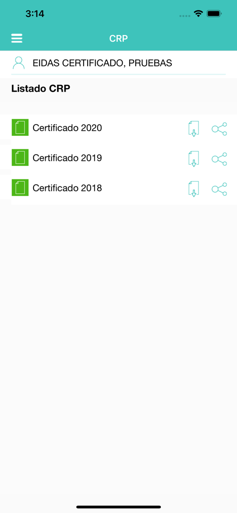 Pantalla móvil que muestra una lista de certificados profesionales anuales dentro de la app mGerhonte