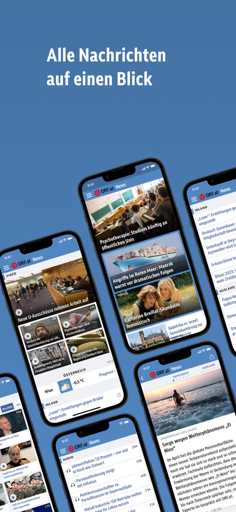 ORF.at News - Several smartphones displaying different sections of the ORF.at news app including headlines and videos