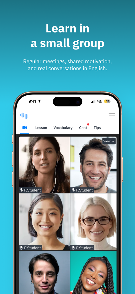 Fluentbe - Fluentbe app interface displaying a video call for a small group English class