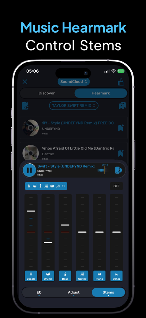 SoundBase ° Music Hearmark - Interfaz de la app SoundBase que muestra control de pistas de audio para aislar voces, baterías, bajos y guitarras