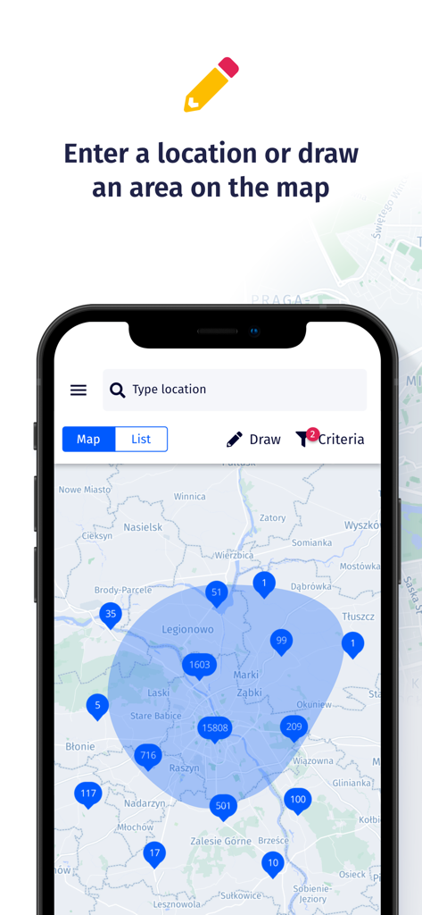 Morizon.pl Real Estate App - Interface de mapa do aplicativo imobiliário Morizon com uma área personalizada desenhada para pesquisa de propriedades