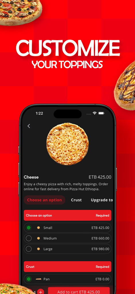 Pizza Hut Ethiopia - Pizza Hut Ethiopia app screen showing customization options for pizza size and crust