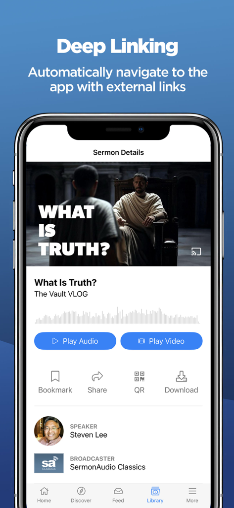 Sermons by SermonAudio - Sermons by SermonAudio app interface showing a sermon details page and deep linking feature