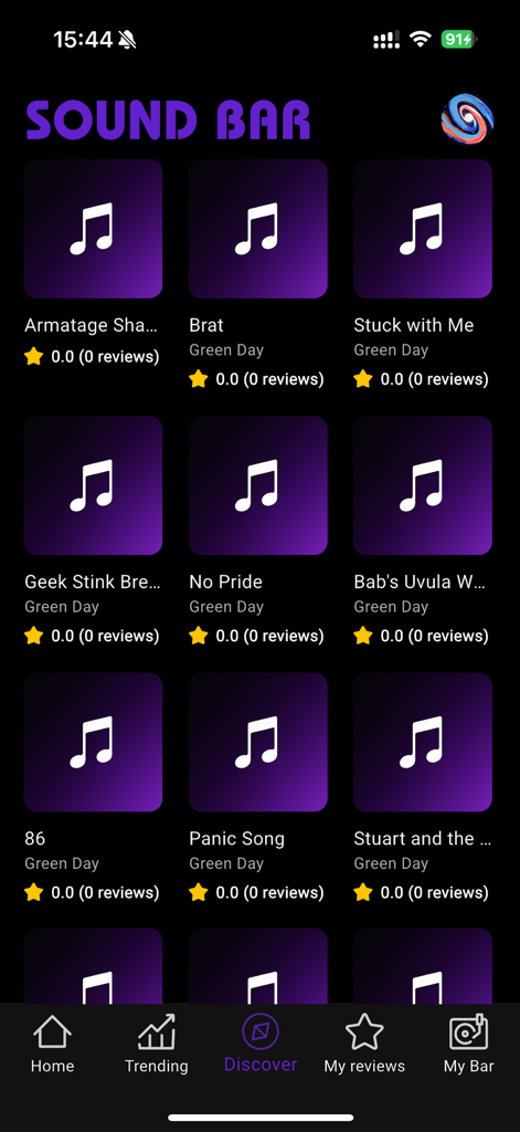 Sound Bar app discover tab featuring Green Day songs ready for reviews