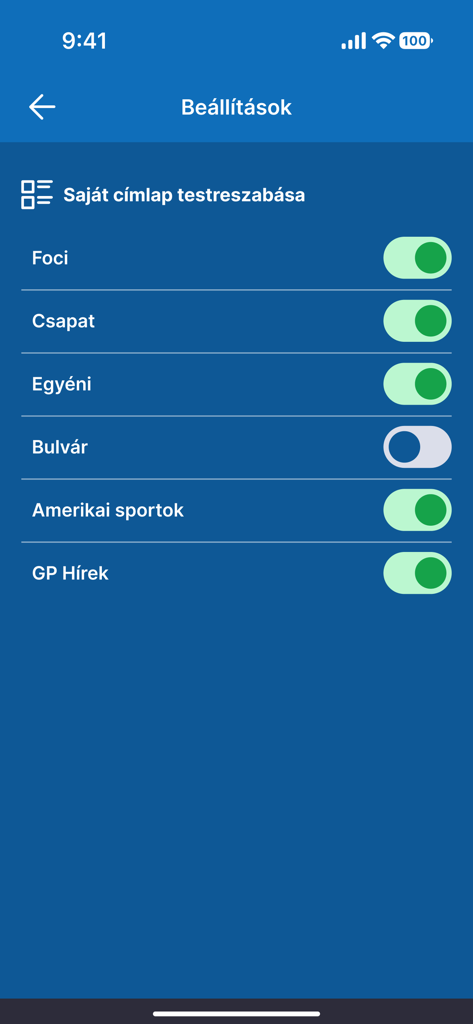 Origo Sport - Écran des paramètres de l'application Origo Sport pour personnaliser le flux d'actualités de la page d'accueil avec des interrupteurs pour différentes catégories sportives