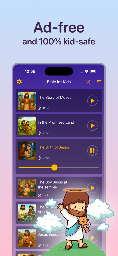 Bible for kids Bedtime stories - Bible for Kids app interface showing a list of Bible audio stories and a message stating it is ad-free and 100 percent kid-safe