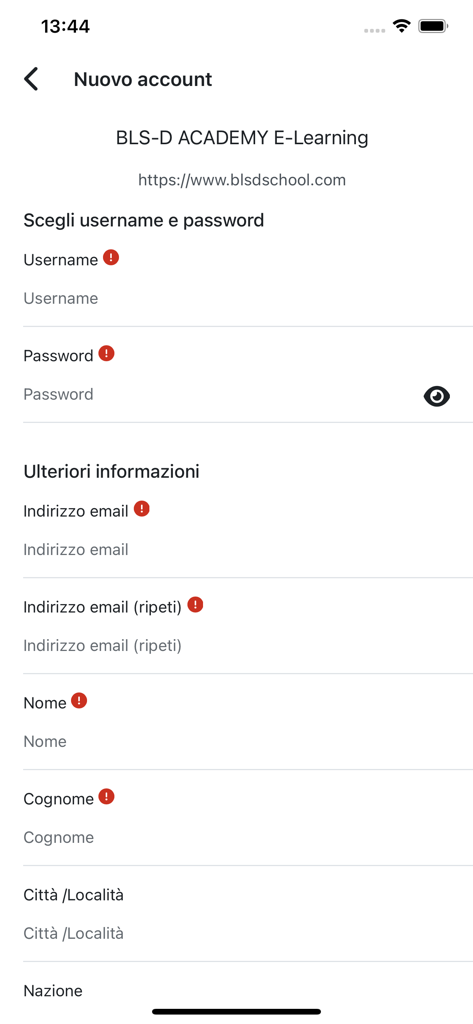 BLSD School - Mobile app registration screen for the BLSD School diving academy e-learning platform