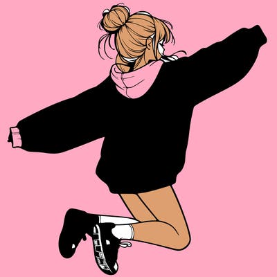 realistic girl jumping with a bun and oversized sweatshirt