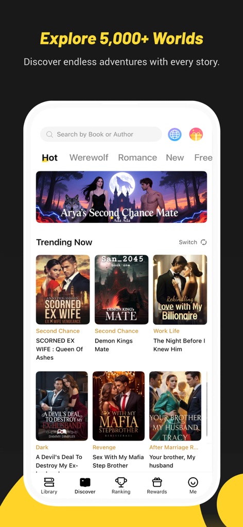 TapRead mobile app discover screen showcasing trending werewolf and romance stories.
