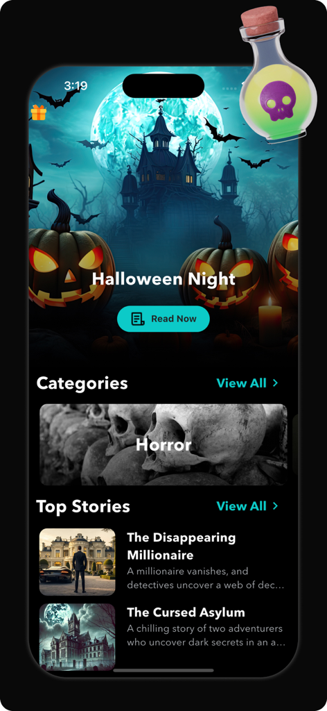 Texting Story - Chat Story - The home screen of the Texting Story app featuring horror chat stories and various mystery categories.