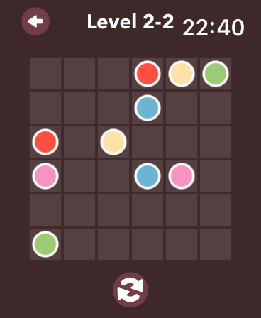 Color Flow - Watch Games - A 6x6 grid puzzle interface for the Color Flow Apple Watch game showing colored dots to connect