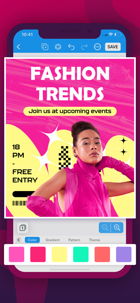 Poster Maker, Flyer Maker - Mobile app interface showing a fashion trends poster design with color customization tools