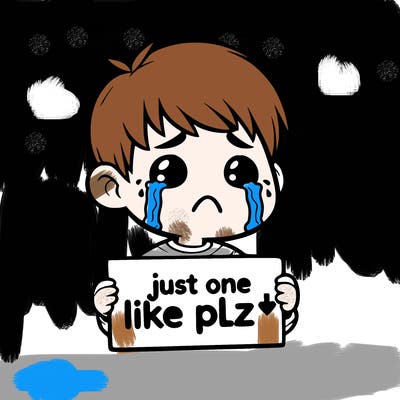 realistic crying boy with a sign saying just one like plz