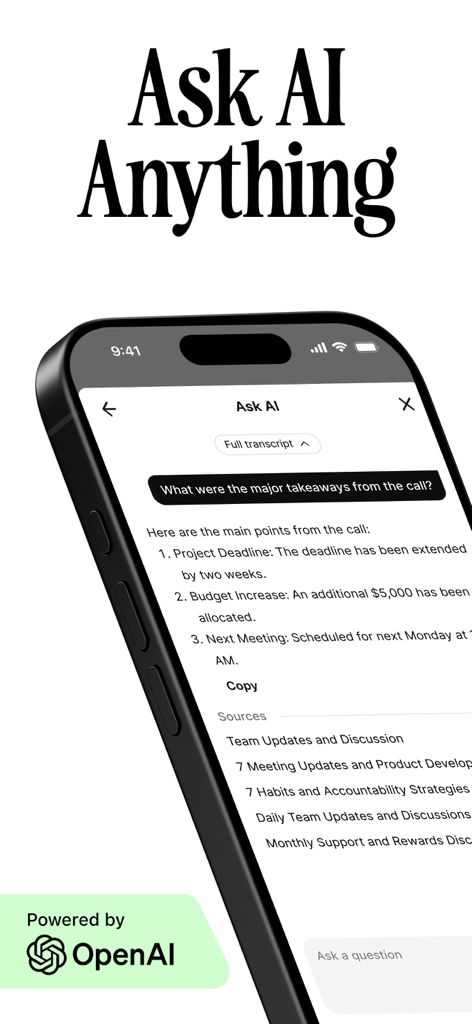 Voicenotes AI Notes & Meetings - Un smartphone que muestra la aplicación Voicenotes AI proporcionando un resumen de la transcripción de una llamada.