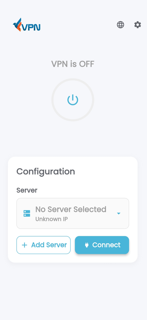 Pantalla de la aplicación móvil Freedom-VPN que muestra un gran botón de encendido y el menú de configuración del servidor cuando la VPN está desconectada.